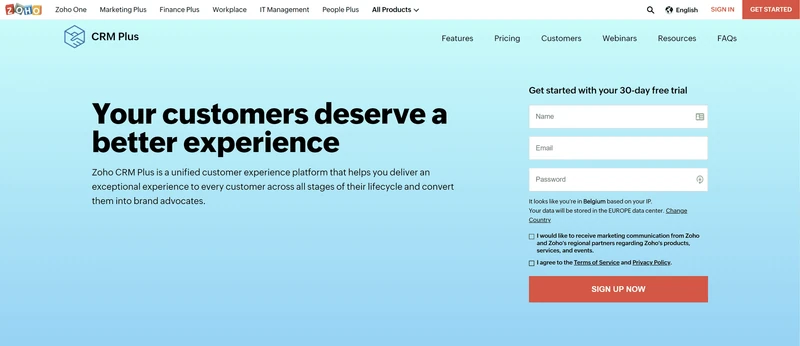Page d'accueil de Zoho CRM Plus