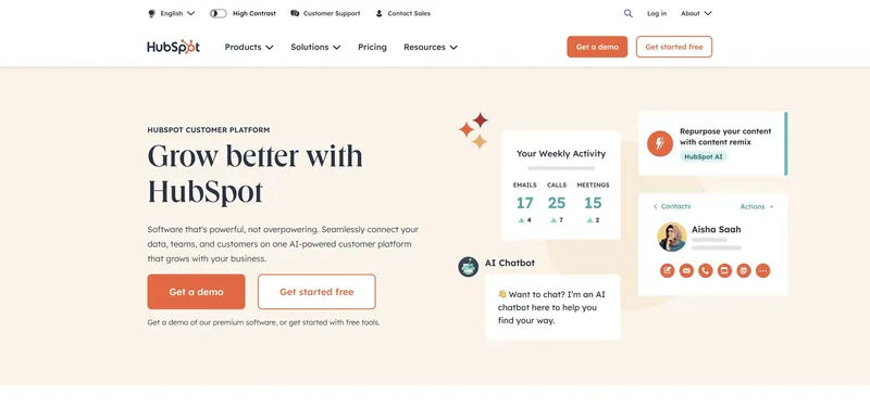 La page d'accueil de HubSpot mentionne l'IA dans le CRM