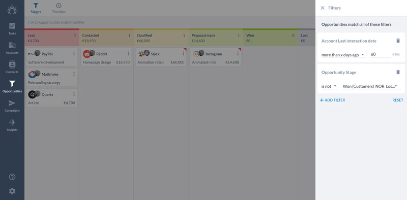 filtrer les opportunités inactives du pipeline de vente
