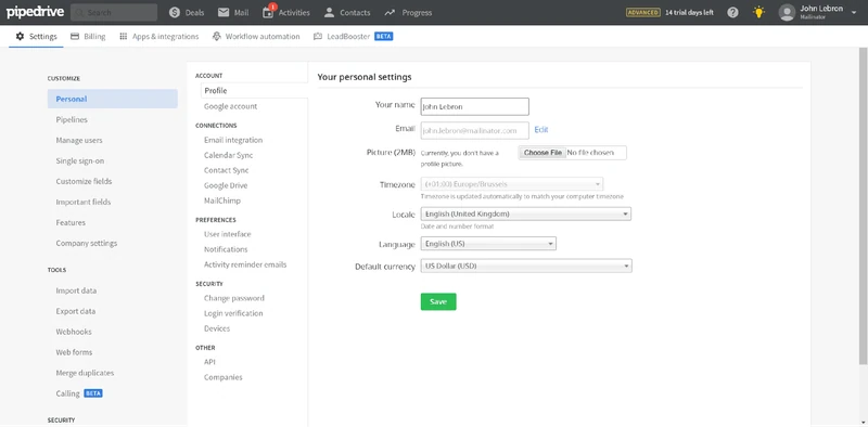 paramètres personnels dans pipedrive