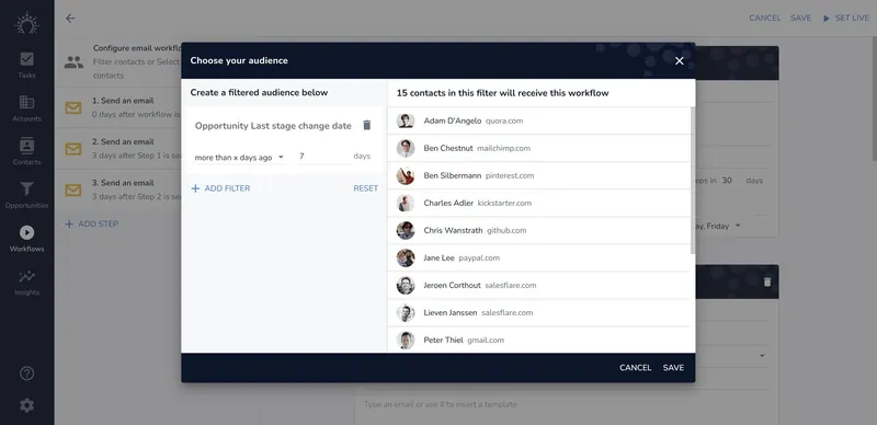 inviare via e-mail tutti i contatti relativi a opportunità non più attuali