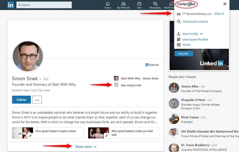 Zrzut ekranu pokazujący rozszerzenie ContactOut dla LinkedIn w celu dotarcia do influencerów