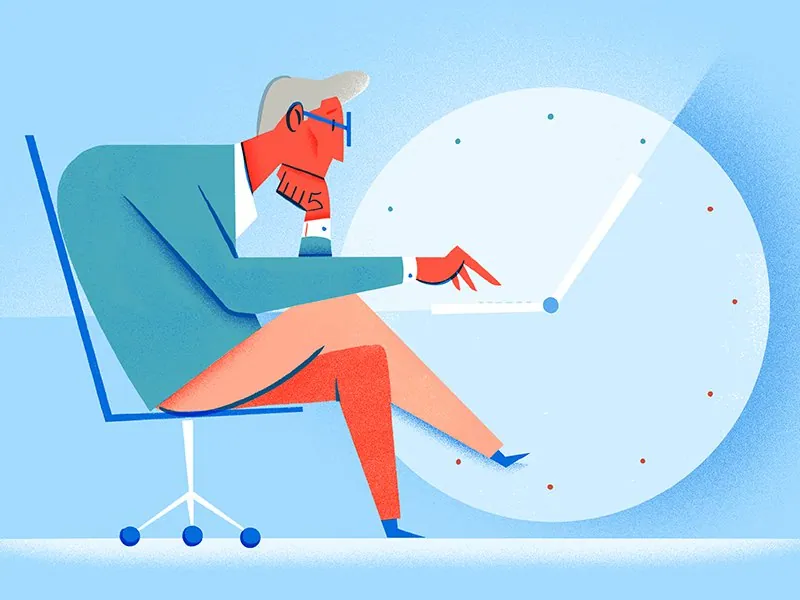 Ilustração de um homem tendo como pano de fundo o mostrador de um relógio; os ponteiros formam o perfil delineado de seu laptop