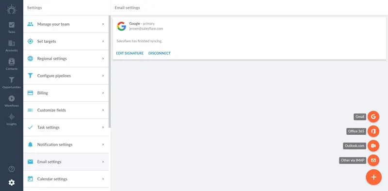 impostazioni e-mail di salesflare per collegare le e-mail