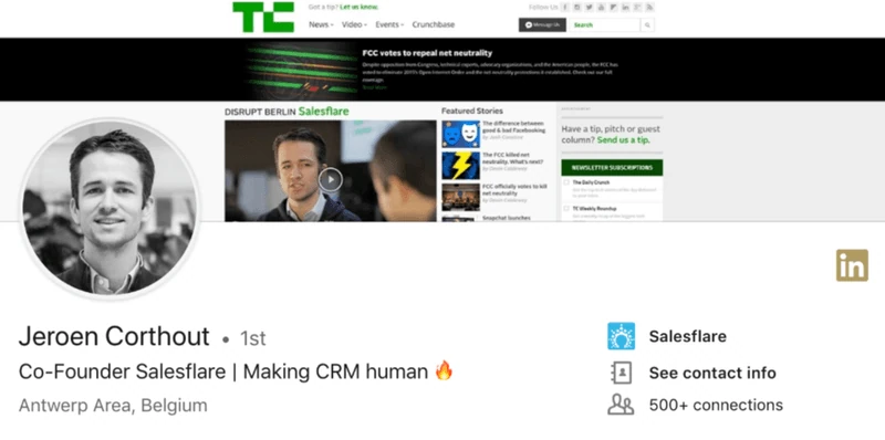 Ejemplo de eslogan de LinkedIn extraído del perfil de Jeroen Corthout, fundador de Salesflare.