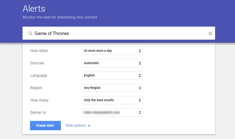 Zrzut ekranu alertów Google