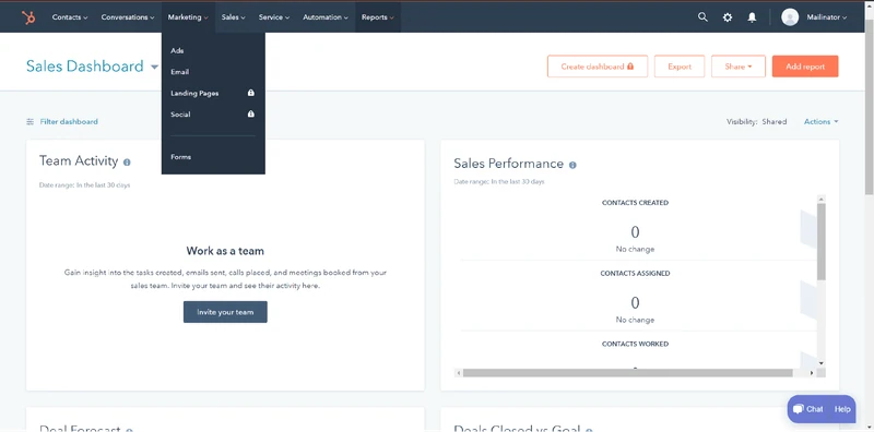 tableau de bord des ventes hubspot
