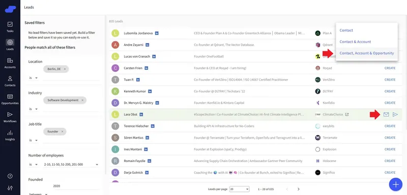ajouter les pistes trouvées directement dans le CRM de Salesflare