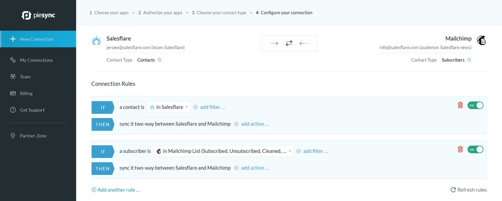 En skärmdump av Piesync som länkar Mailchimp och Salesflare tillsammans.