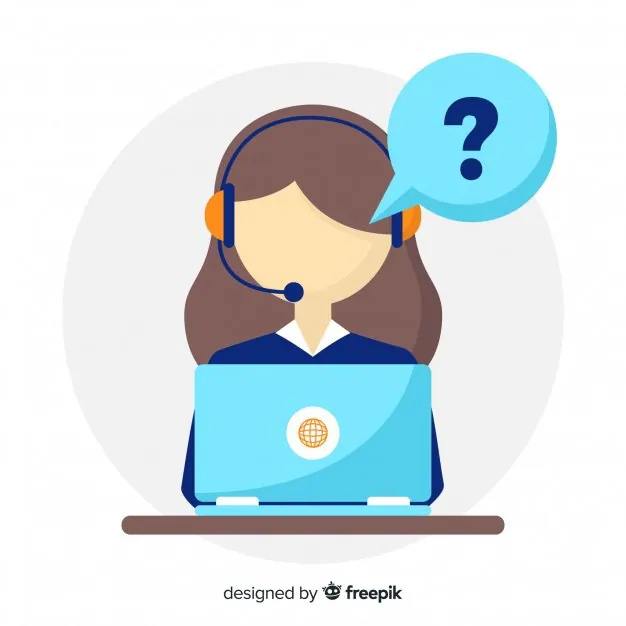 Uma ilustração de um representante de vendas atrás de um laptop fazendo perguntas por meio de um fone de ouvido