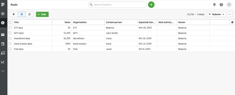 Lead-Management in der Listenansicht von Pipedrive