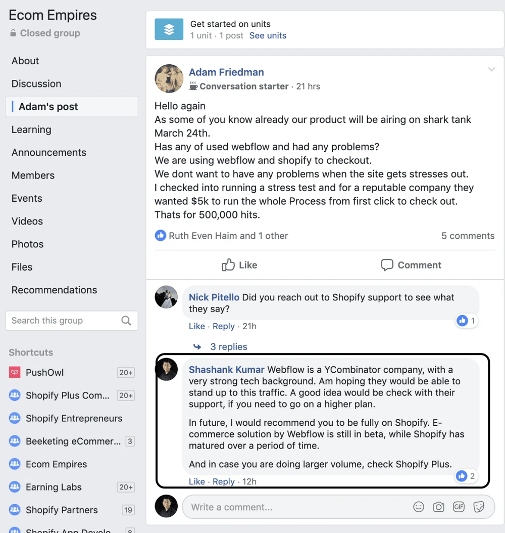 Uno screenshot di Shopify che dà consigli in un gruppo Facebook come parte della generazione automatica di lead.