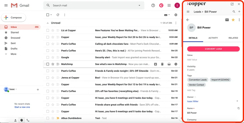 Copper CRM-Seitenleiste in Google Mail