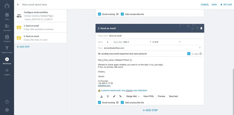 aggiunta di fasi di risposta a un flusso di lavoro e-mail in salesflare
