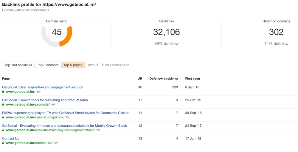 Ein Screenshot einer href-Seite, die ein Backlinkprofil für https://www.getsocial.im zeigt.