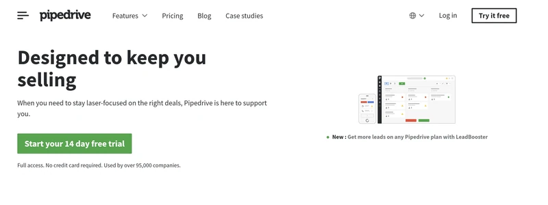 Page d'accueil de Pipedrive