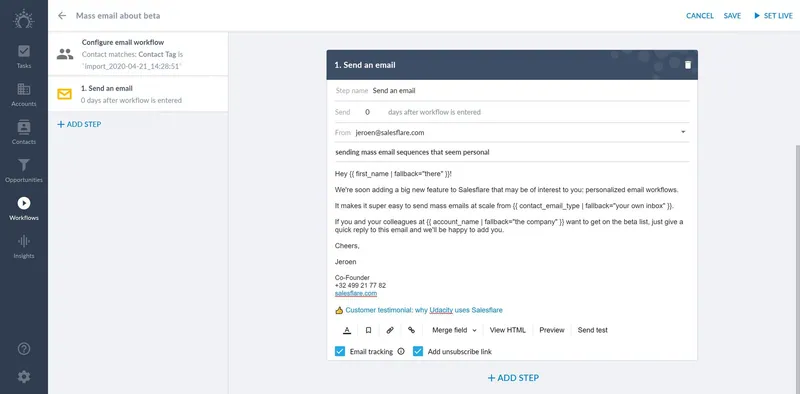 invio di un'e-mail con tag merge nei flussi di lavoro di salesflare