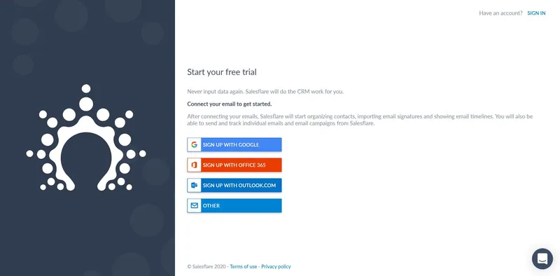 pagina di iscrizione a salesflare per iniziare la prova gratuita