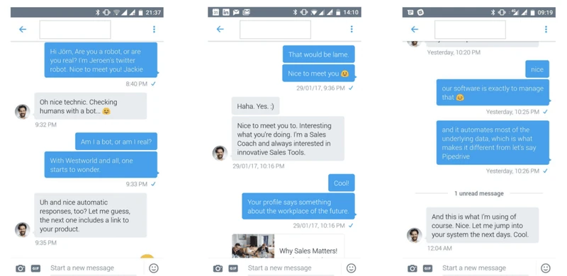 Screnshot che mostra come automatizziamo le vendite su Twitter dando seguito a un messaggio del bot