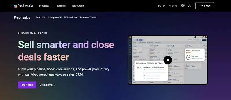 Page d'accueil Freshsales : CRM commercial alimenté par l'IA
