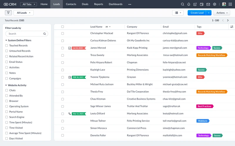 die Leads-Ansicht in Zoho CRM
