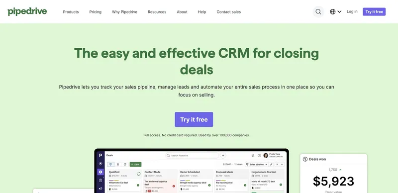 Page d'accueil de Pipedrive