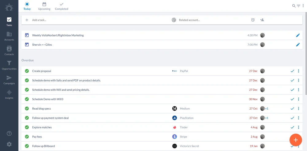 Ein Screenshot des Aufgabenübersichtsbildschirms von Salesflare zur Unterstützung des Vertriebs-Pipeline-Managements