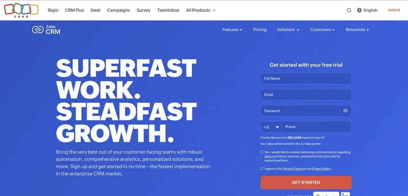 Page d'accueil de Zoho CRM